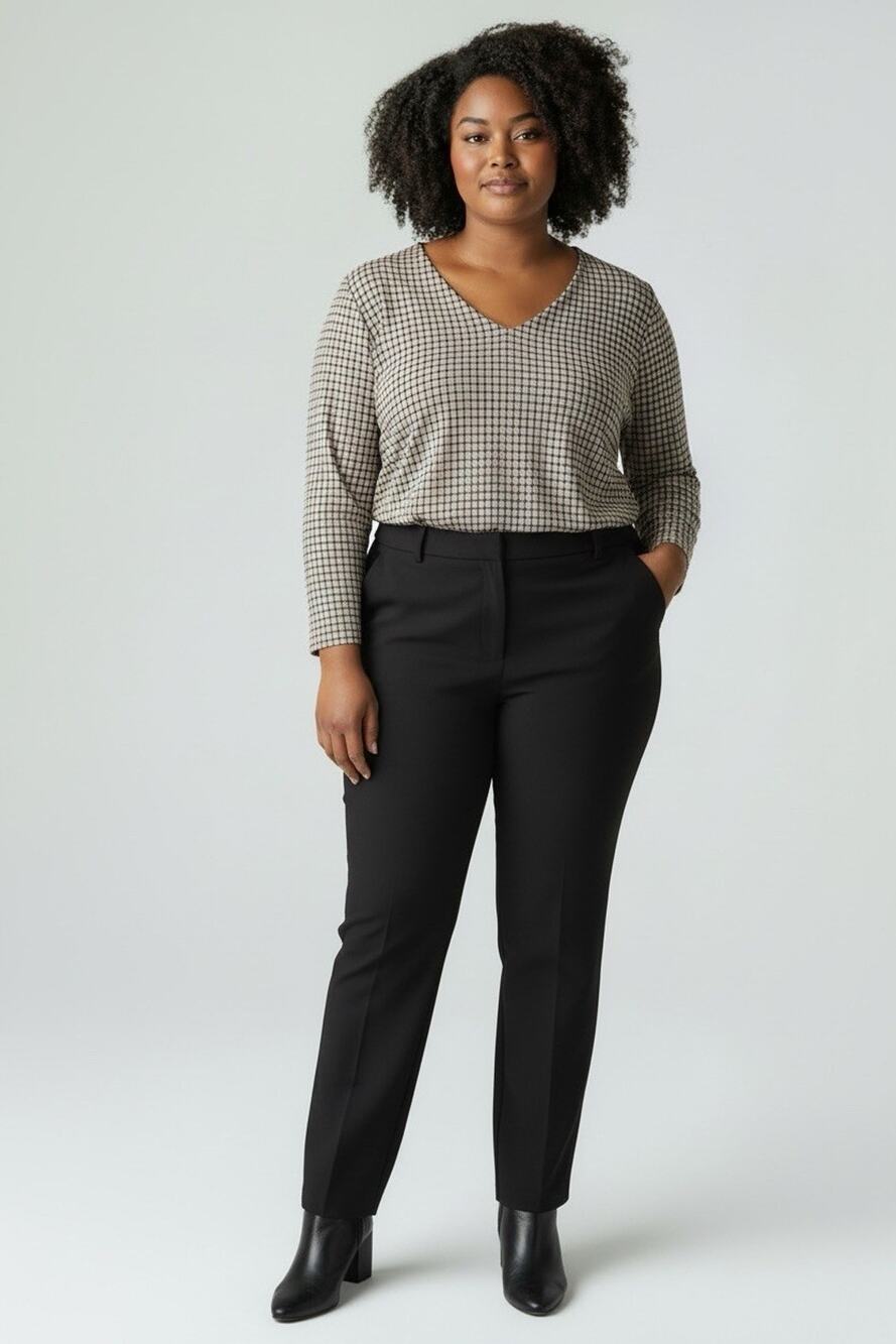 Adrianna Papell Plus 3/4 Sleeve V-Neck Blouse Top Tan Black Window Pane Check 1X